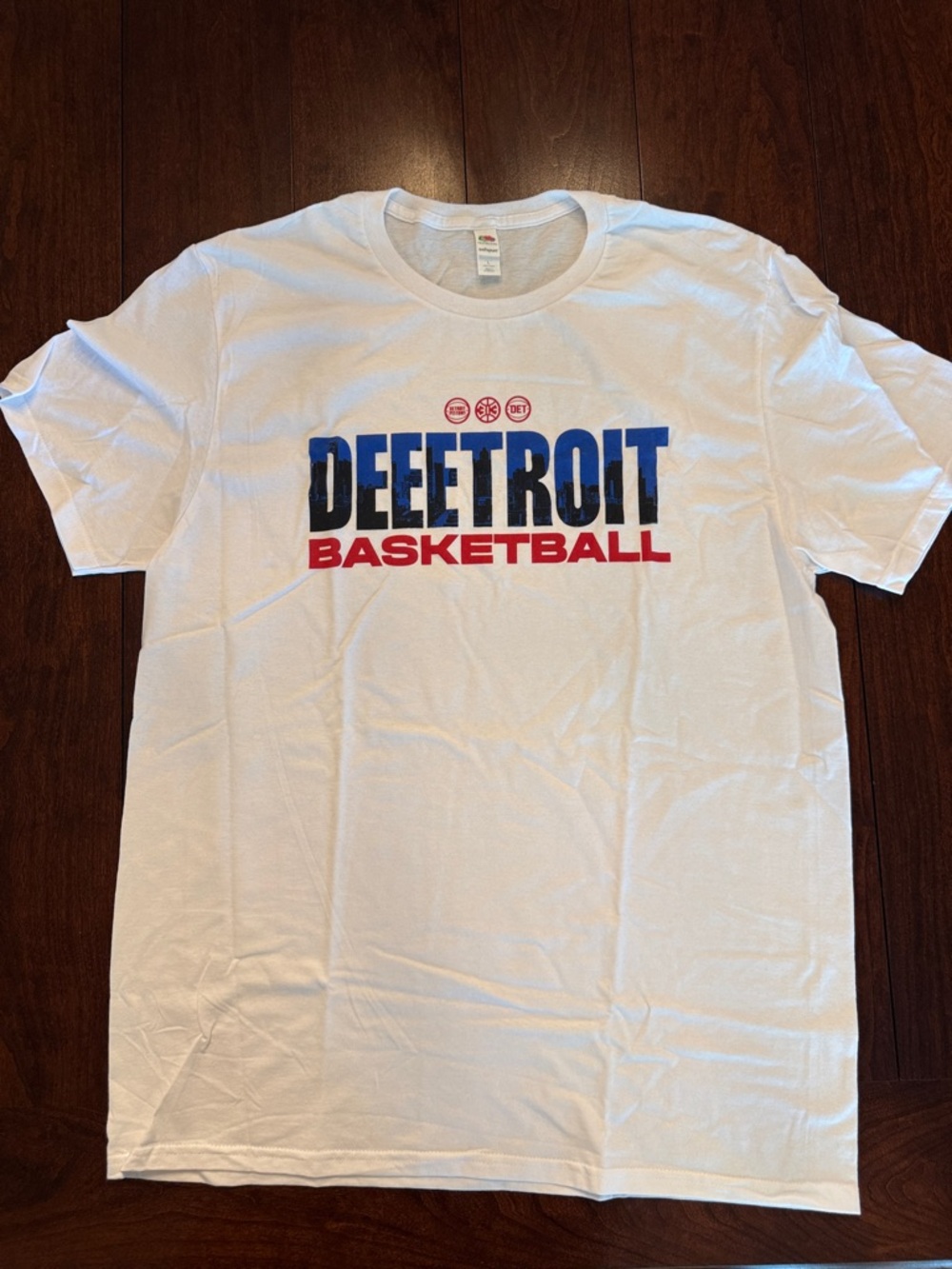 Fruit of the Loom White Tee with Blue and Red Detroit Basketball Graphic